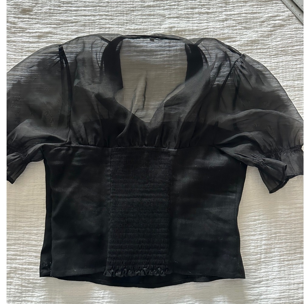Reformation Black Linen Sheer Organza Puff Sleeve Button Front Top Size 6 - Picture 6 of 7